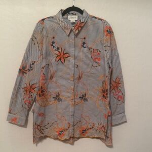 Peck & Peck Embroidered Floral Shirt Jacket - Orange and Blue. Size Large.